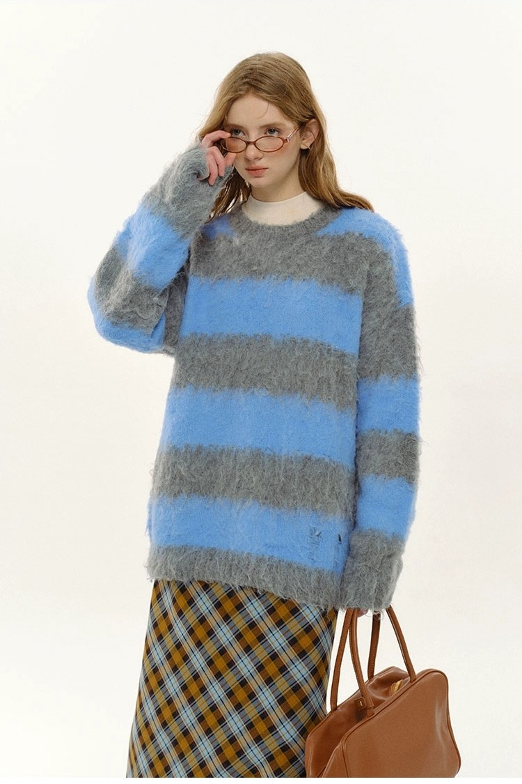 2025 Autumn New Striped Color-Block Crew Neck Loose Sweater(BLUE)