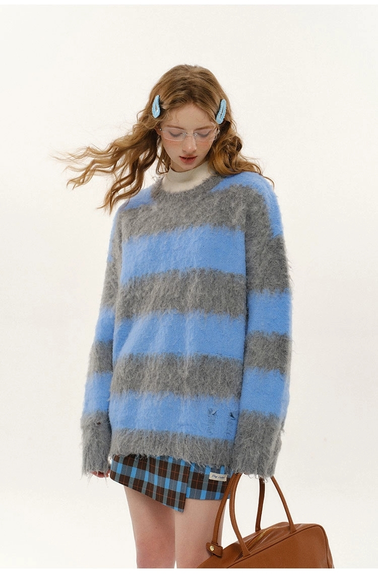 2025 Autumn New Striped Color-Block Crew Neck Loose Sweater(BLUE)