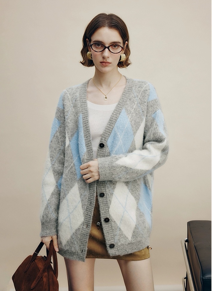 Wool Plaid Long-Sleeve Knitted Top