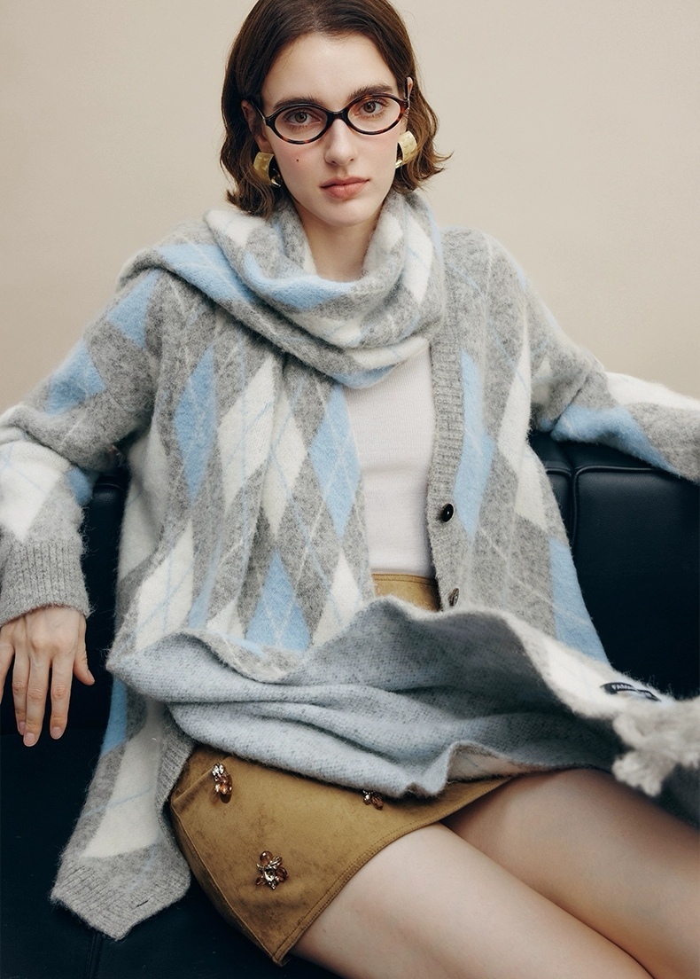 Wool Plaid Long-Sleeve Knitted Top