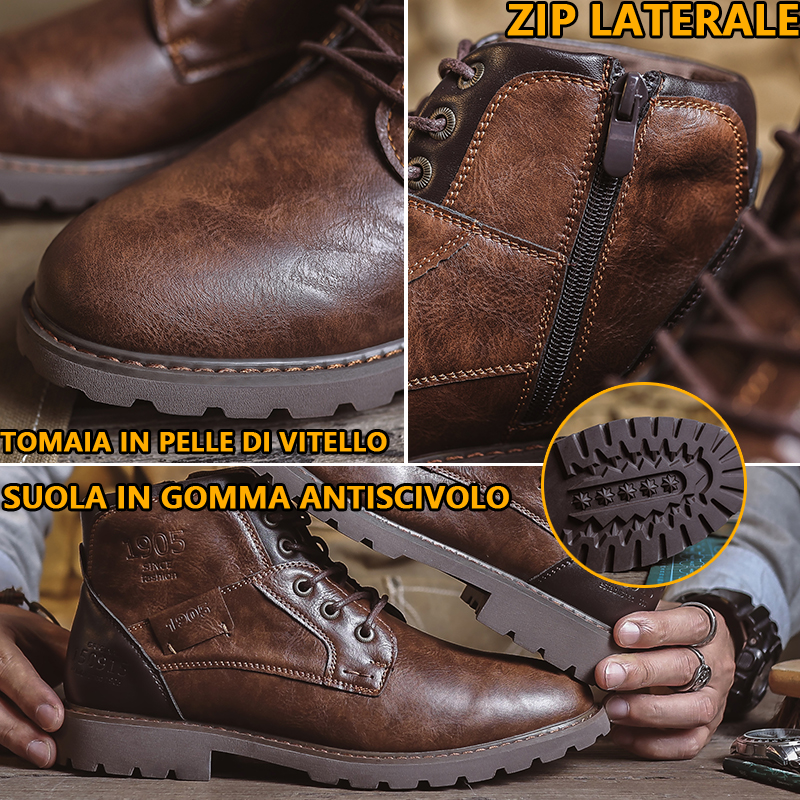 （🔥Sconto 50%）Stivaletti in Pelle di Vitello Premium Fatti a Mano - Design Vintage con Supporto Ortopedico e Finitura Impermeabile