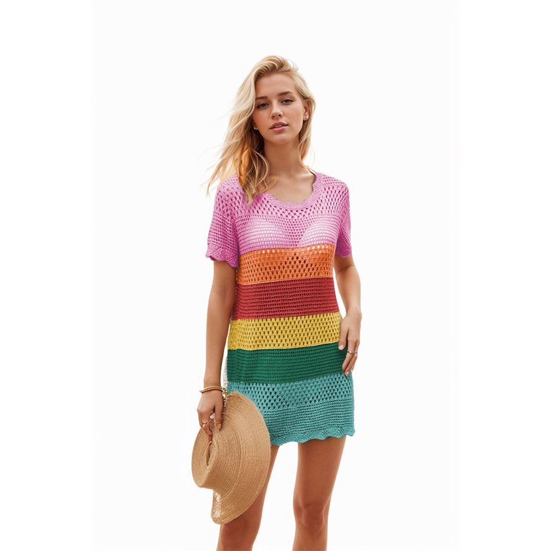 Summer new hot style round neck hand hook beach hollow blouse striped dress