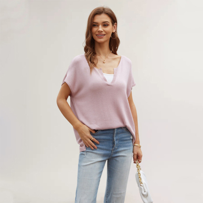 Summer women's new style V-neck solid color slit short-sleeved loose large size pullover sweater