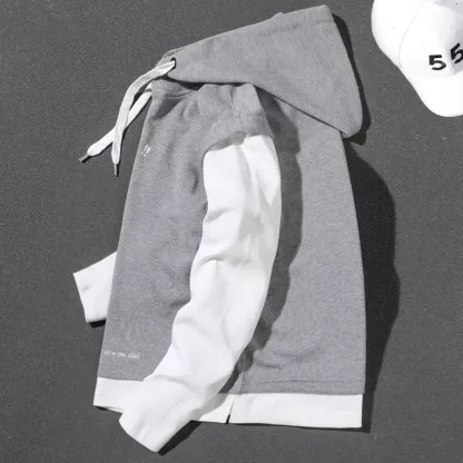 Handsome heavyweight gray fake two-piece 2023 spring, autumn and winter hooded large size top loose pullover long-sleeved sweatshirt for men