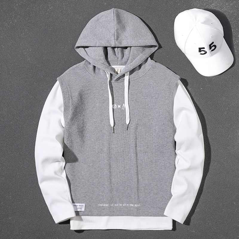 Handsome heavyweight gray fake two-piece 2023 spring, autumn and winter hooded large size top loose pullover long-sleeved sweatshirt for men