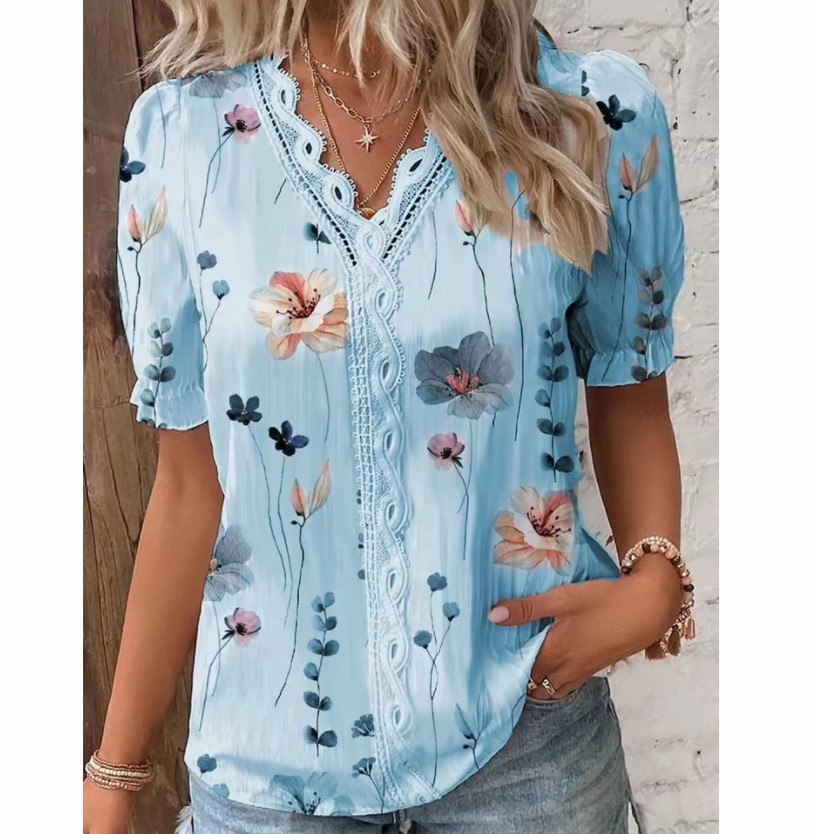 V Neck Plain Lace Elegant Shirt