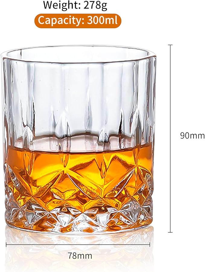 Juego de 6 vasos de whisky vintage de 300 ml, vasos de cristal para beber whisky escocés, bourbon, brandy, ron, cóctel, hogar, bar, fiesta