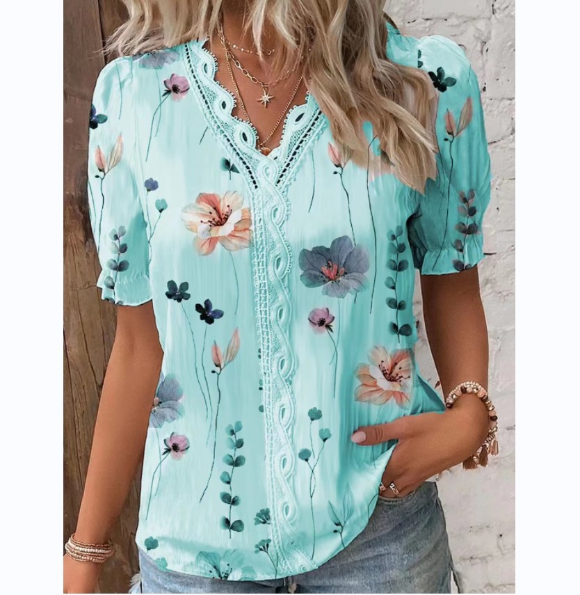 V Neck Plain Lace Elegant Shirt