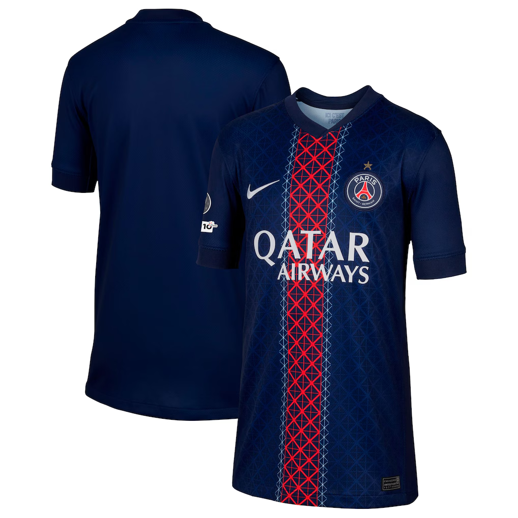 Maillot Domicile Stadium PSG Nike 25/26 - Enfant avec Badge Champions d'Europe et UEFA Foundation 10 ans