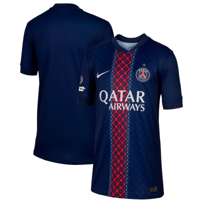 Maillot Domicile Stadium PSG Nike 25/26 - Enfant avec Badge Champions d'Europe et UEFA Foundation 10 ans