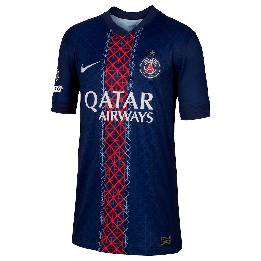 Maillot Domicile Stadium PSG Nike 25/26 - Enfant avec Badge Champions d'Europe et UEFA Foundation 10 ans