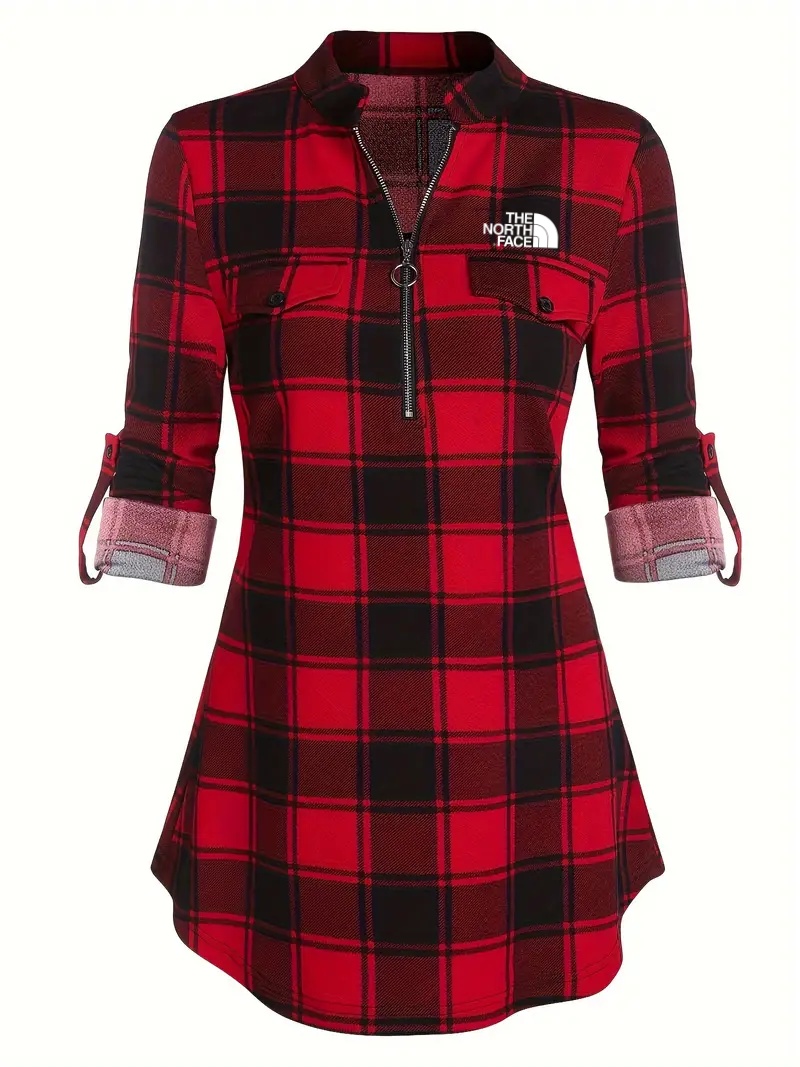 THE NORTH FACE - Robe asymétrique à carreaux, robe décontractée à manches longues et fermeture éclair, vêtements pour femmes