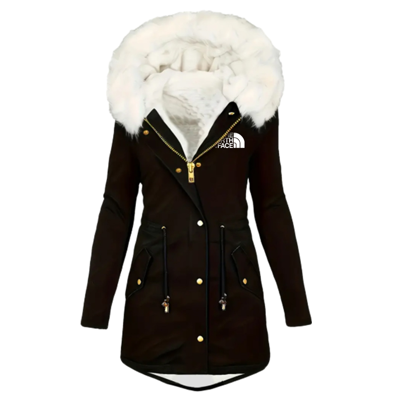 2024 TNF®-Womens Plus Size Contrast Fuzzy Drawstring Waist Full Zipper Coat