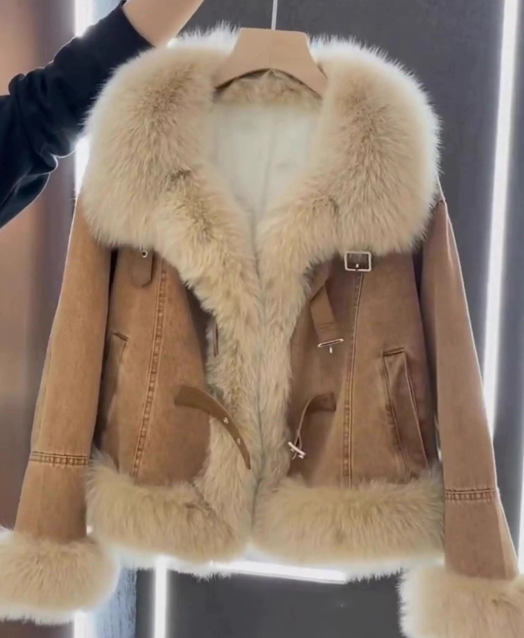 Brown denim fur collar coat