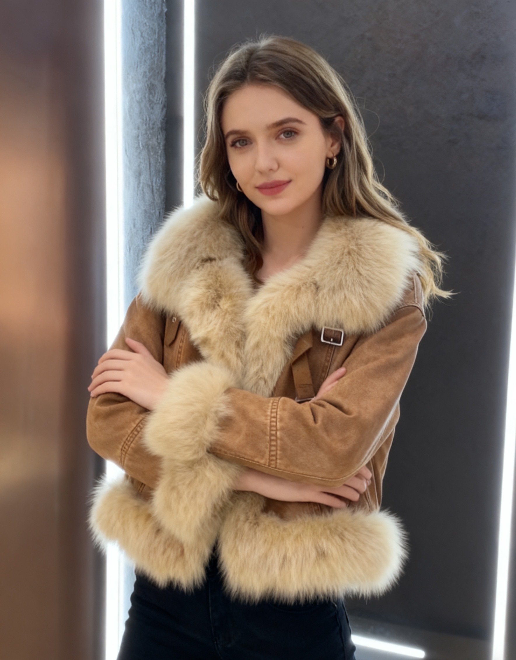 Brown denim fur collar coat