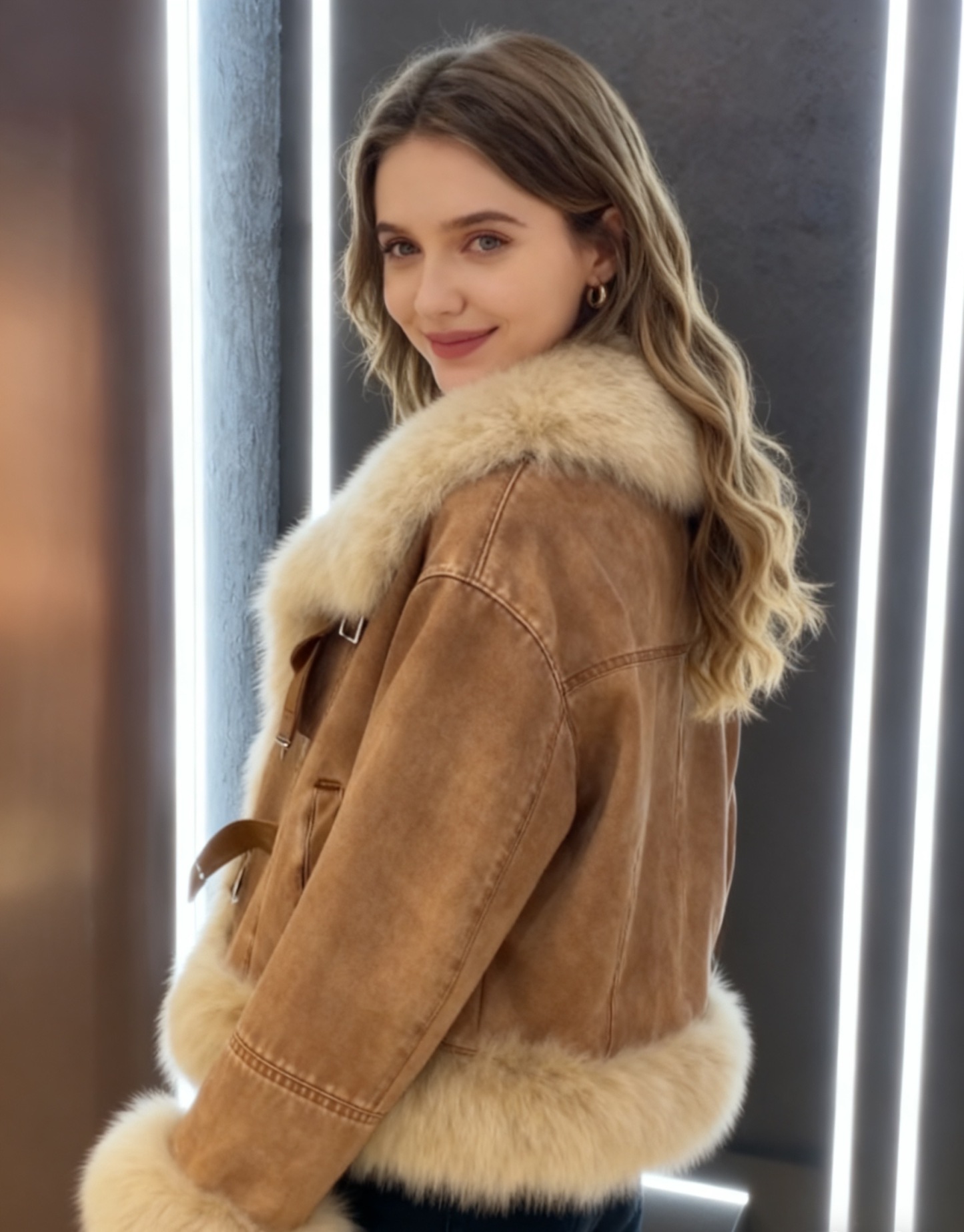 Brown denim fur collar coat