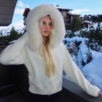 Women's Large Collar Fleece Hooded Relaxed Zipper Knitted Coat