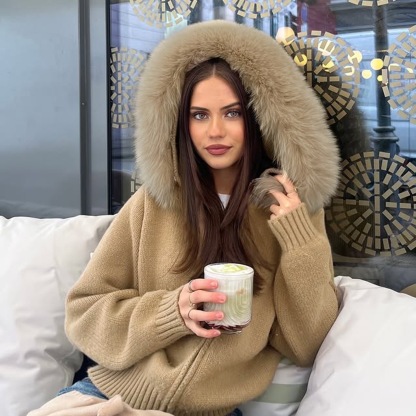 Women's Large Collar Fleece Hooded Relaxed Zipper Knitted Coat