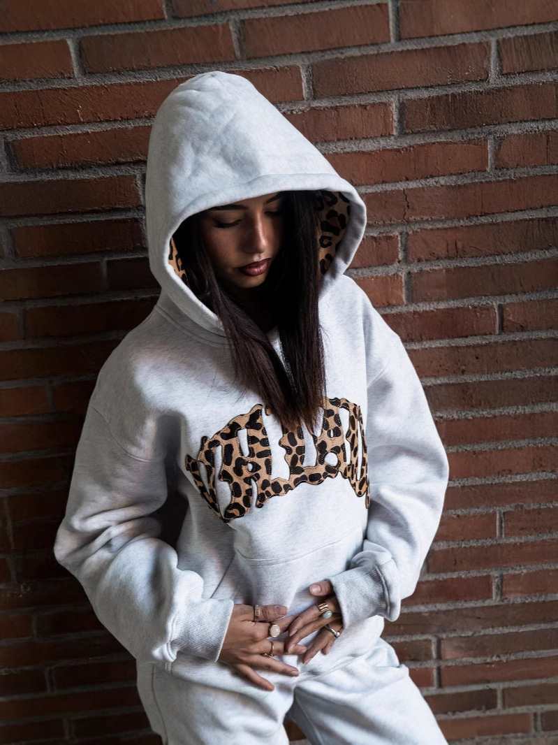 Lined leopard print letter embroidery unisex hooded sweatshirt