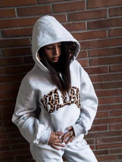 Lined leopard print letter embroidery unisex hooded sweatshirt