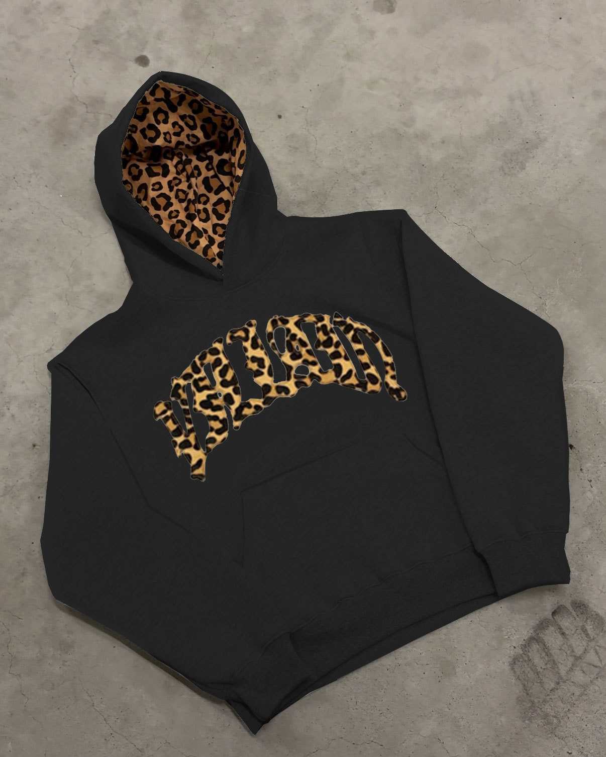 Lined leopard print letter embroidery unisex hooded sweatshirt