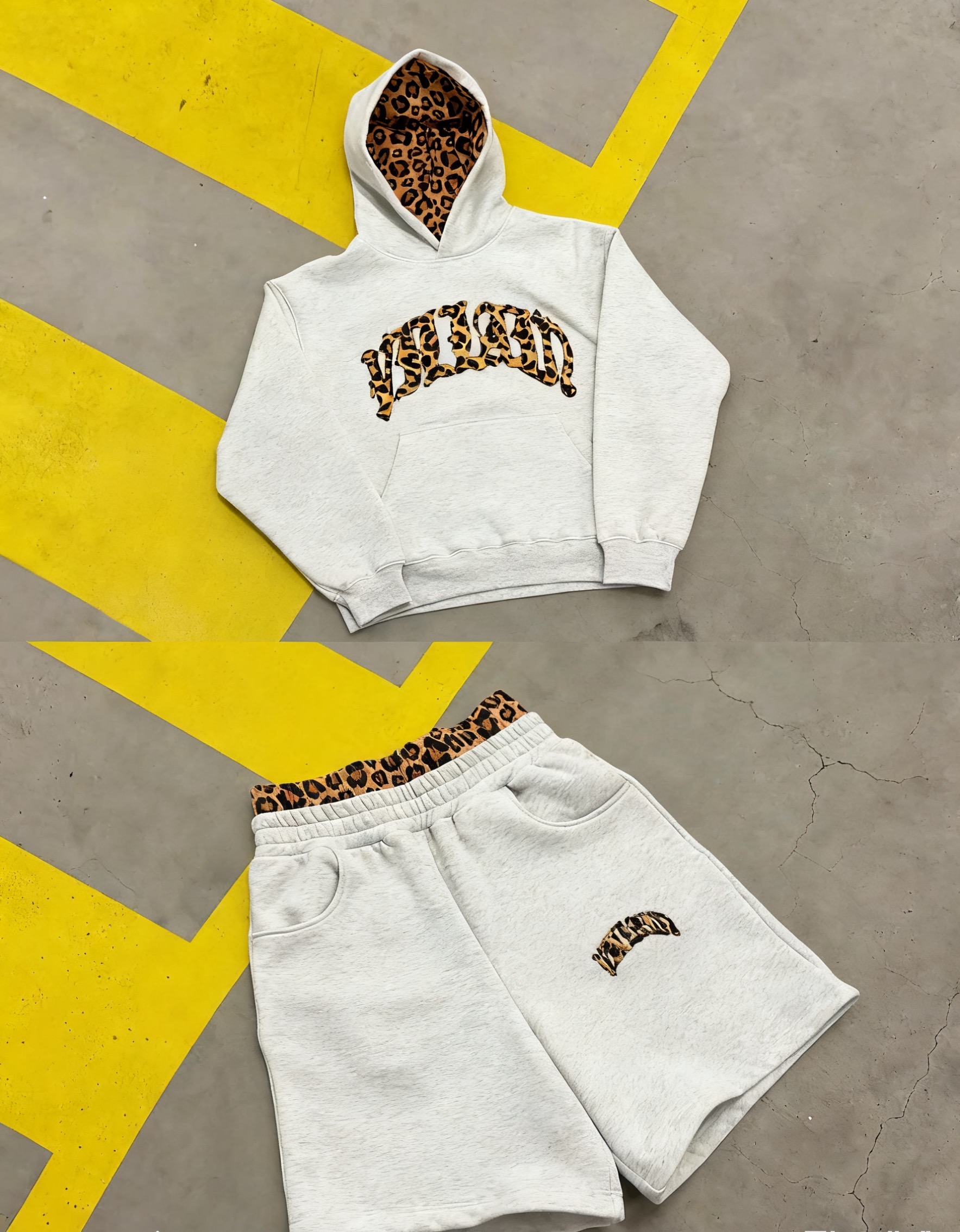 Lined leopard print letter embroidery unisex hooded sweatshirt