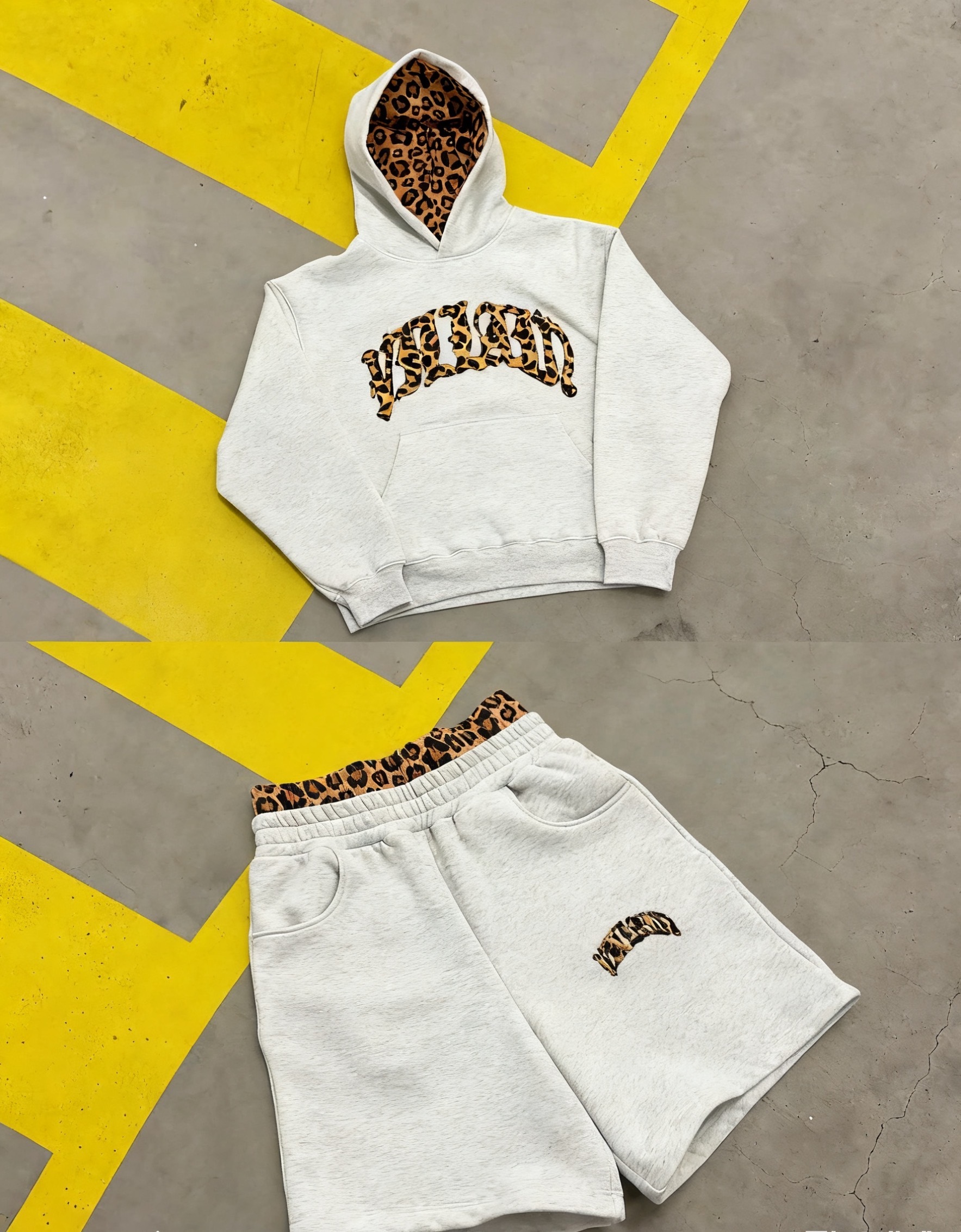Lined leopard print letter embroidery unisex hooded sweatshirt