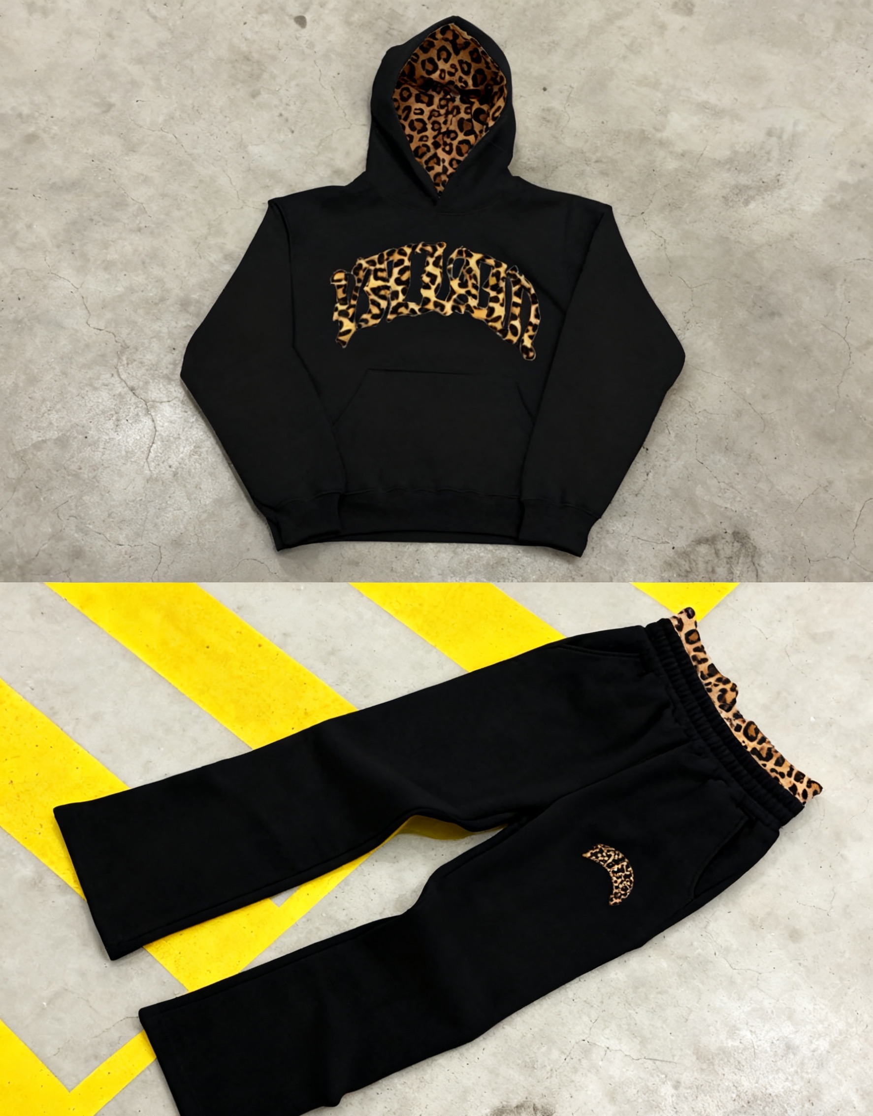 Lined leopard print letter embroidery unisex hooded sweatshirt