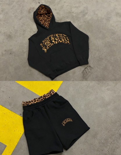 Lined leopard print letter embroidery unisex hooded sweatshirt