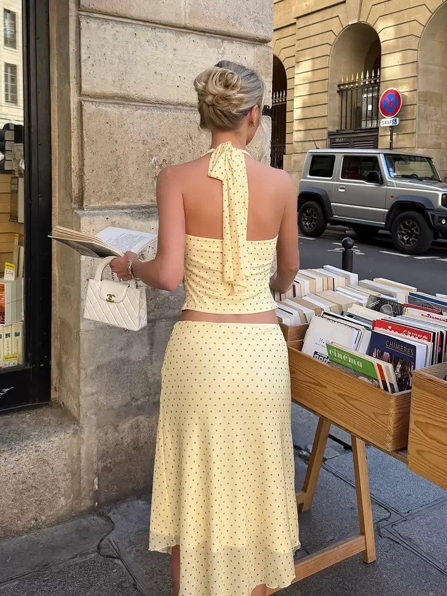 Retro yellow polka-dot two-piece set