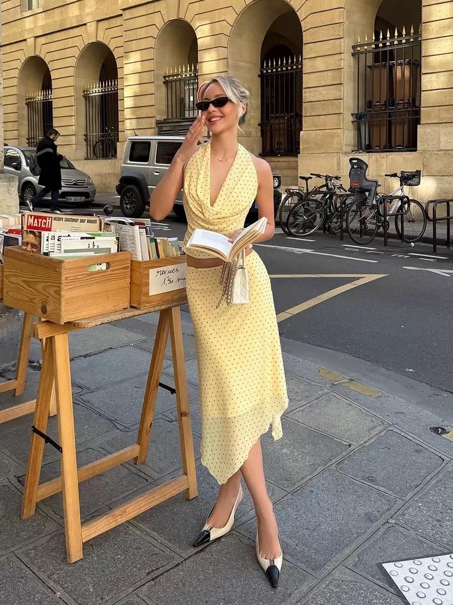 Retro yellow polka-dot two-piece set