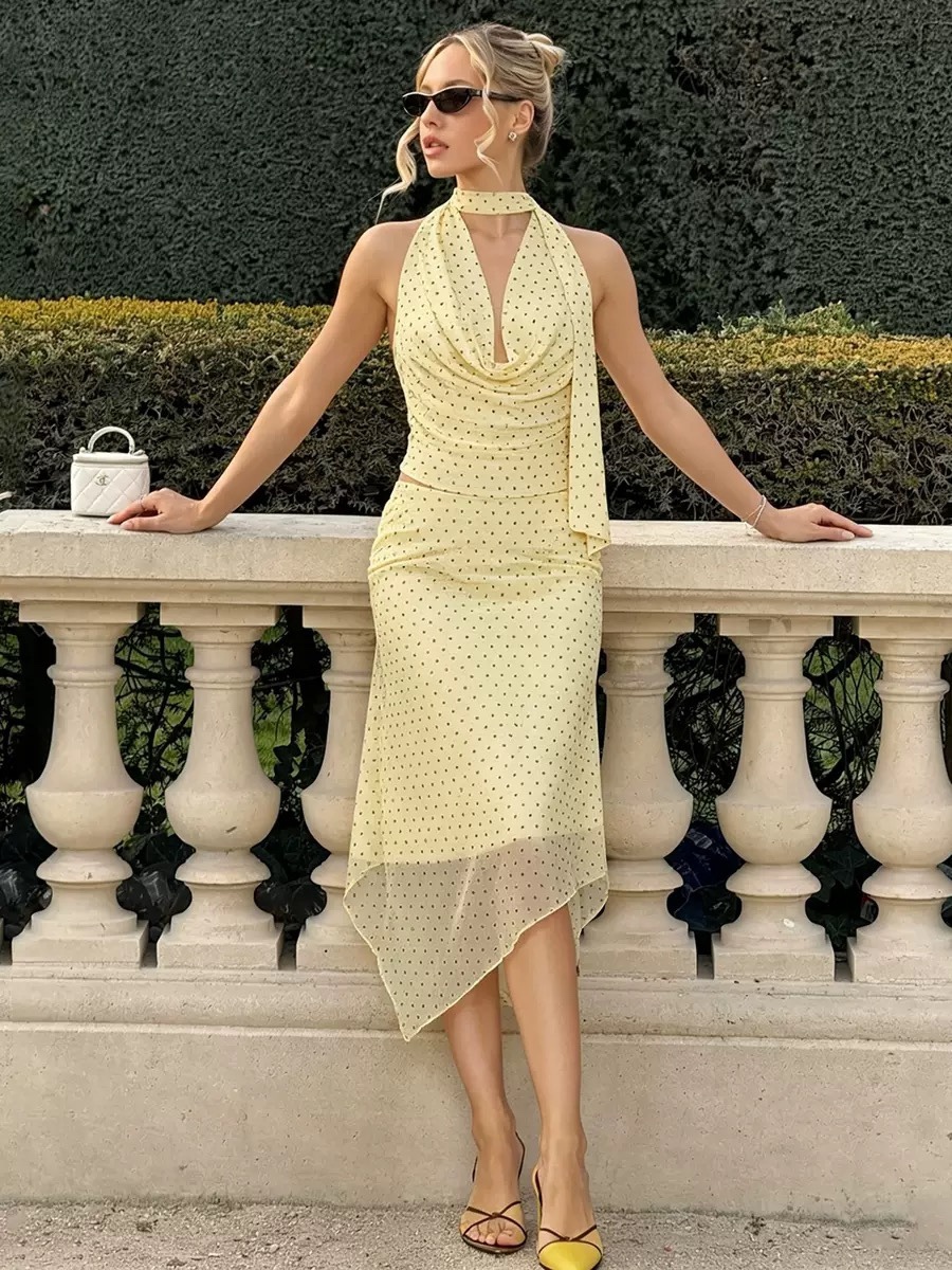Retro yellow polka-dot two-piece set