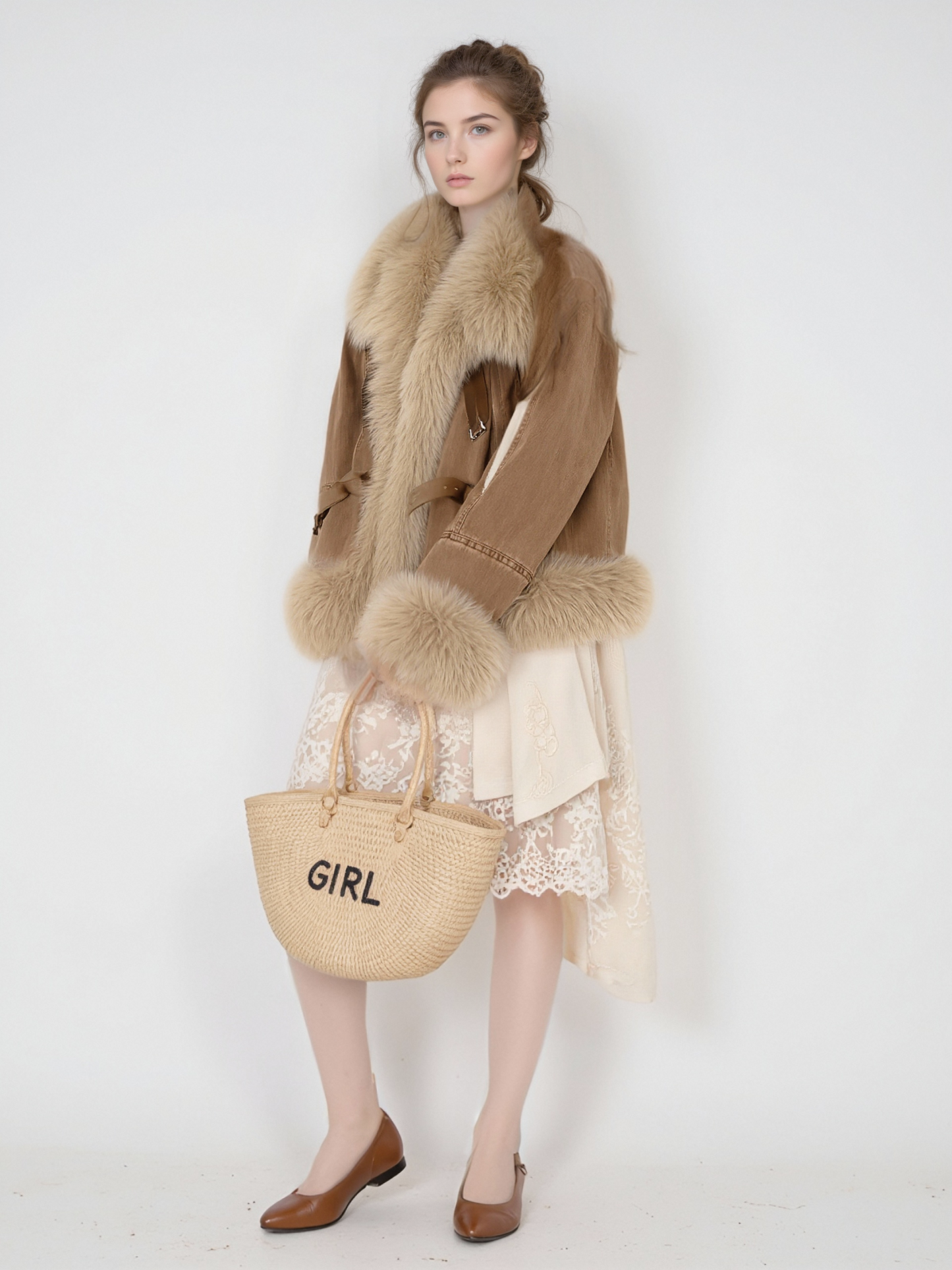 Brown denim fur collar coat