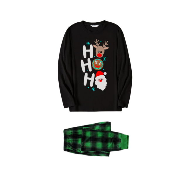 Christmas "HO HO HO" Text Print Black Long Sleeve Top with Green and Black Plaid Family Matching Pajamas