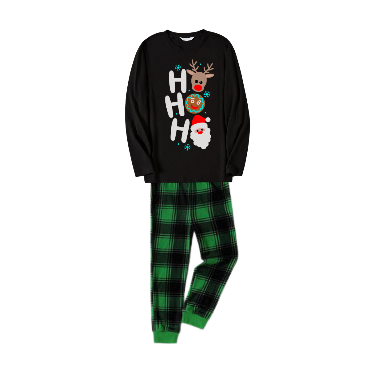 Christmas "HO HO HO" Text Print Black Long Sleeve Top with Green and Black Plaid Family Matching Pajamas