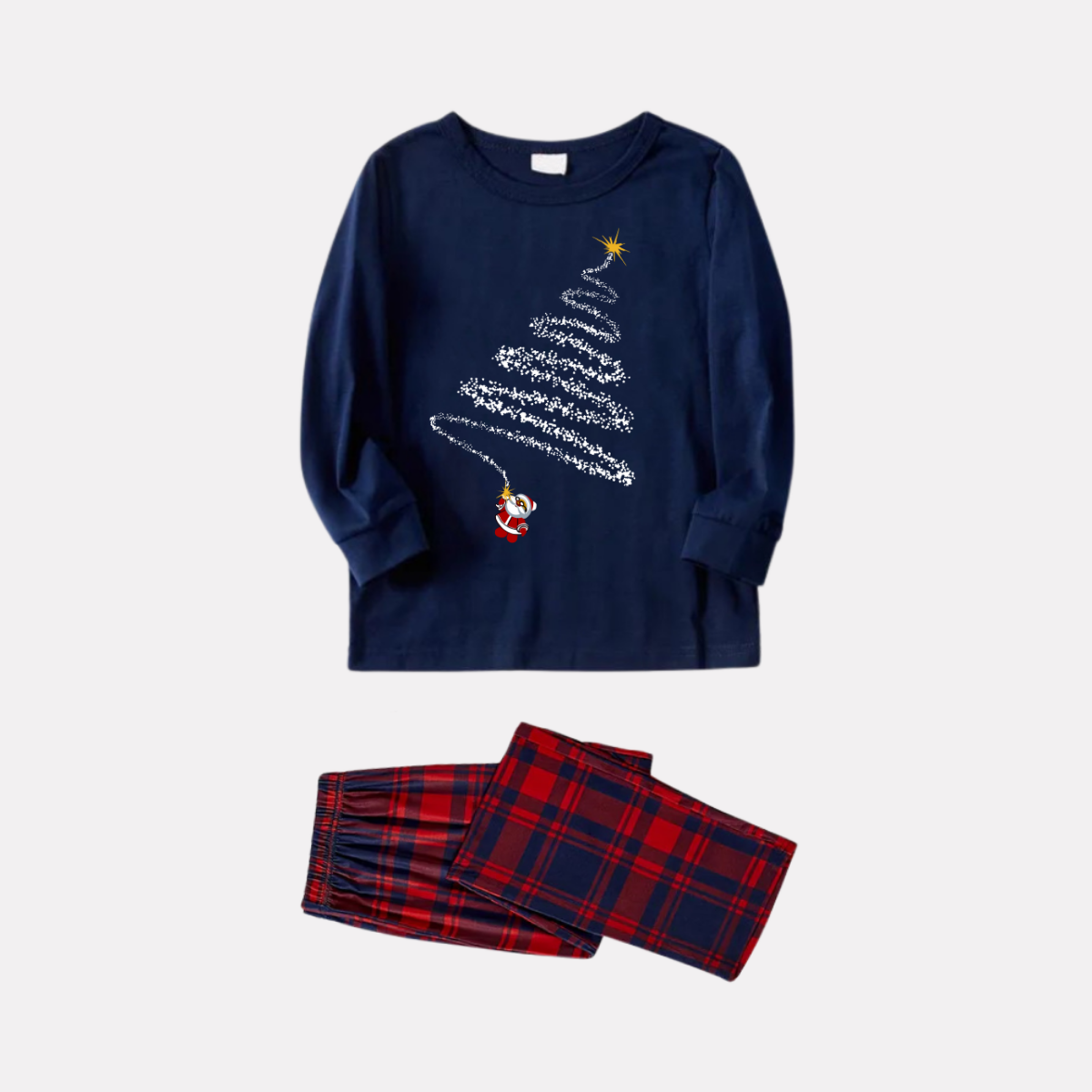 Santa Claus Print Blue Long Sleeve Top with Red & Blue Plaid Christmas Family Matching Pajamas