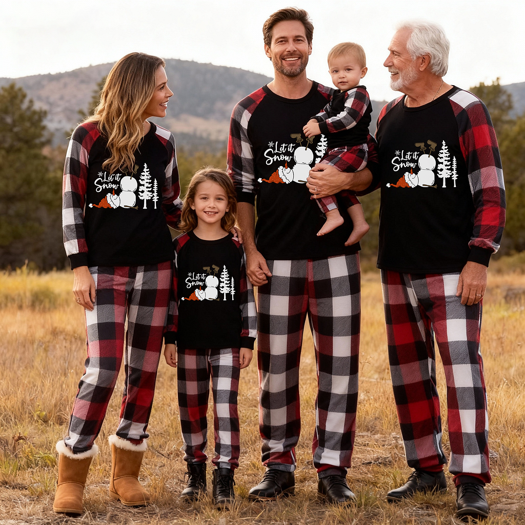 Let it snow letter and snowman Pattern Contrast Top with Red&Black&White Plaid Sleeves Family Matching Pajamas