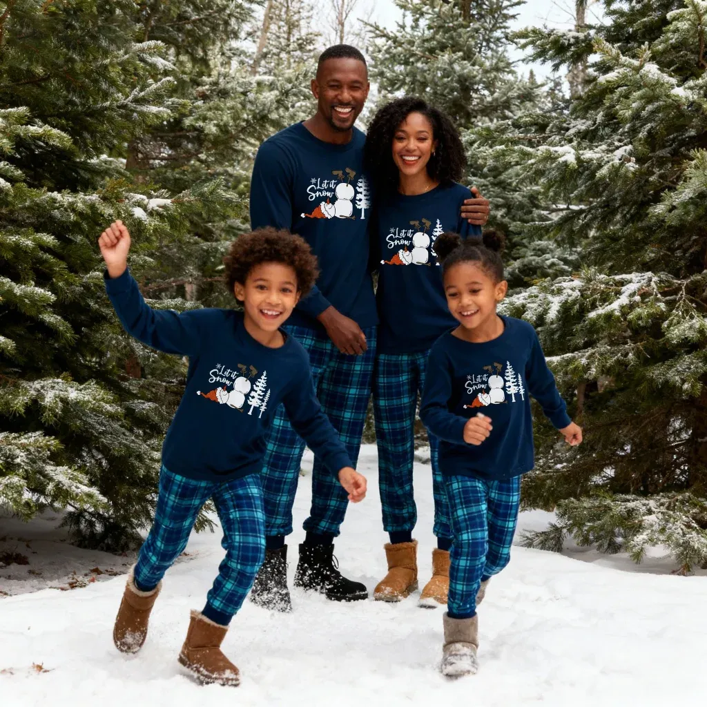 "Let it Snow" Slogan and Snowman Printed Blue Plaid Christmas Matching Pajamas