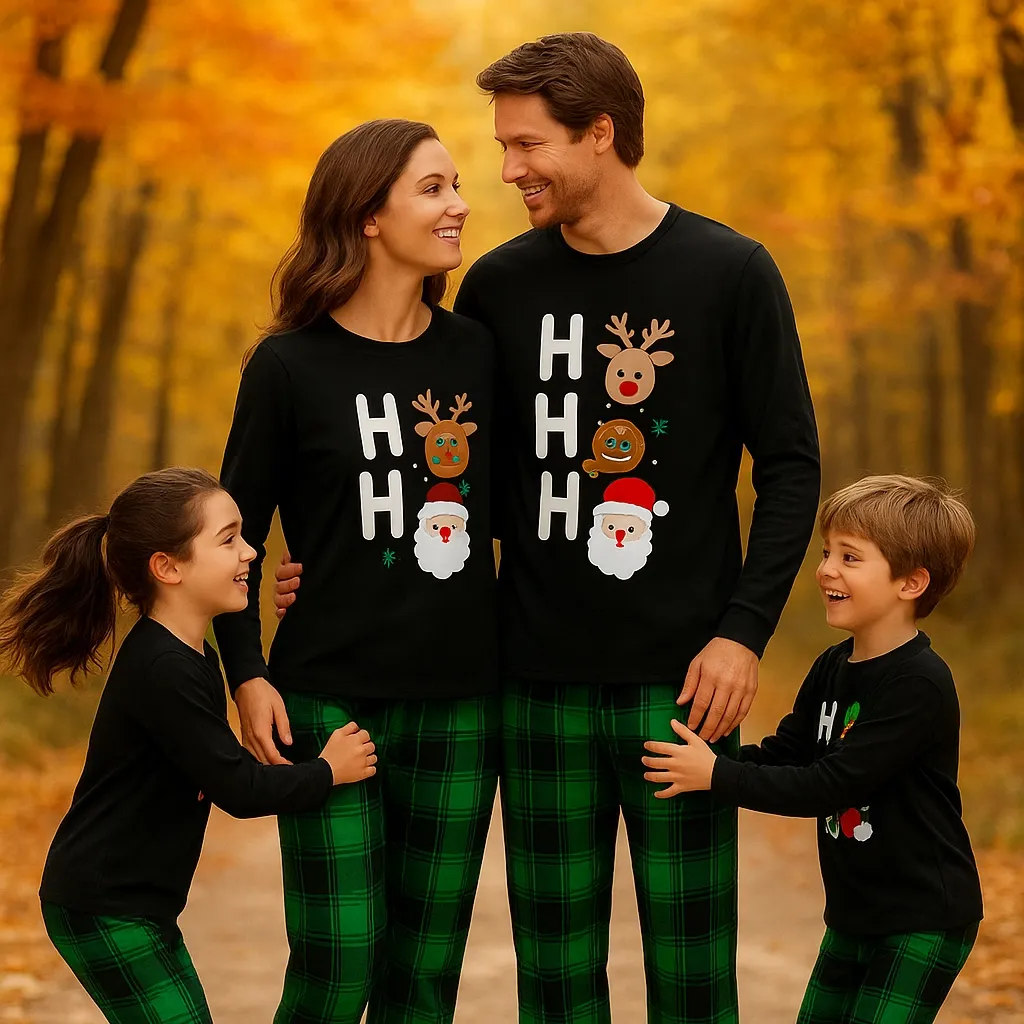 Christmas "HO HO HO" Text Print Black Long Sleeve Top with Green and Black Plaid Family Matching Pajamas