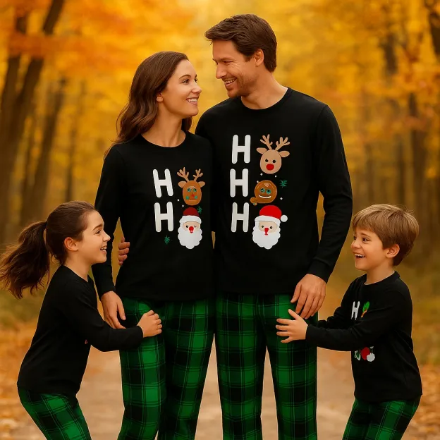 Christmas "HO HO HO" Text Print Black Long Sleeve Top with Green and Black Plaid Family Matching Pajamas
