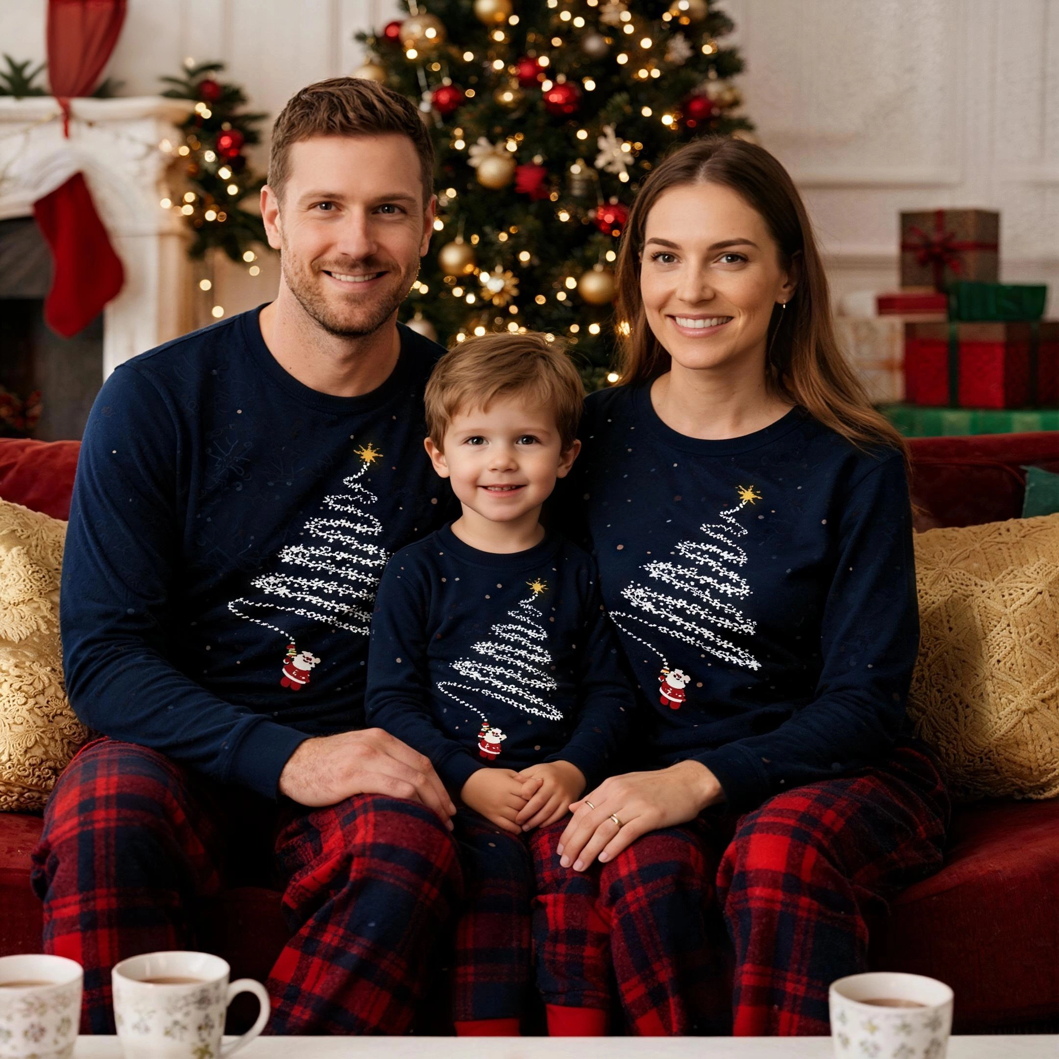 Santa Claus Print Blue Long Sleeve Top with Red & Blue Plaid Christmas Family Matching Pajamas