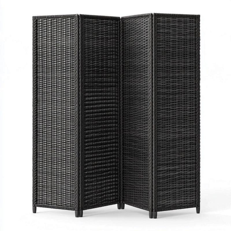 Paravento pieghevole in polyrattan intrecciato nero, 4 pannelli da 40 cm, senza montaggio