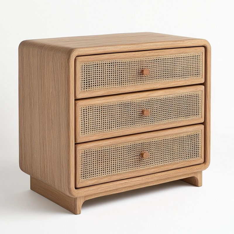 Comò 3 cassetti legno massello di rovere e rattan naturale 60x40x70 cm senza montaggio