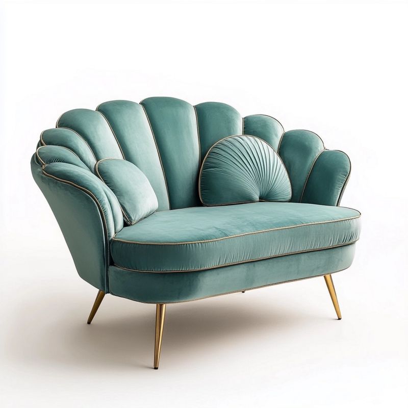 Divano 2 posti verde acqua con schienale sagomato e gambe dorate