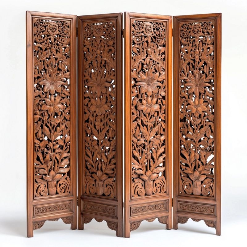 Separè pieghevole 4 pannelli con motivo floreale intagliato, legno massello di mango, 180x160 cm