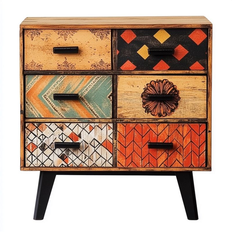 Cassettiera in Legno Massello 6 Cassetti con Gambe in Metallo