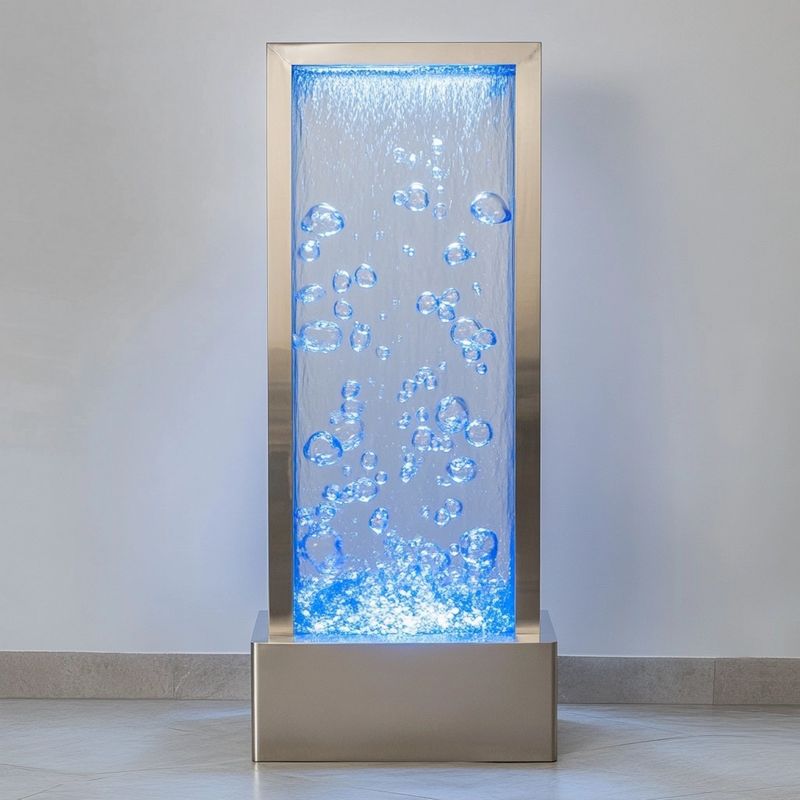 Fontana LED autoportante con bolle, vetro temperato e acciaio inox, 150x50x30 cm