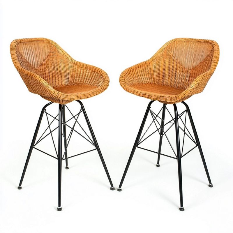 Set 2 Sgabelli da Bar 100 cm con Seduta in Rattan Naturale e Struttura Nera, Stile Moderno