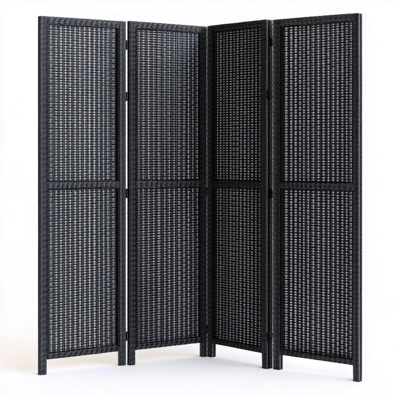Paravento 4 pannelli in polyrattan nero con struttura in acciaio verniciato, pannelli opachi
