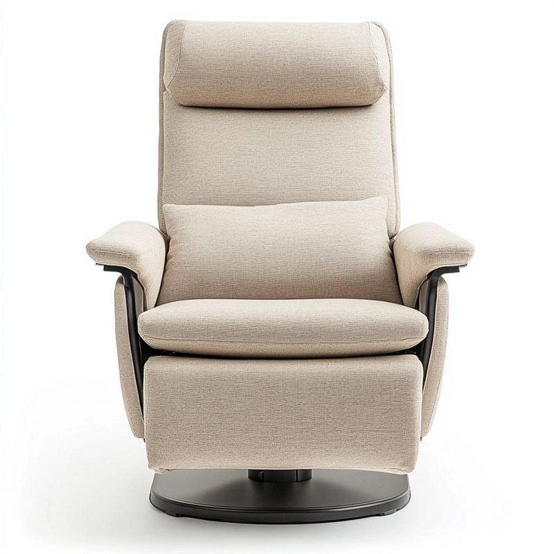 Poltrona beige 110x80x90 cm con schienale reclinabile, base girevole 360°, braccioli imbottiti e poggiatesta, rivestimento sfoderabile